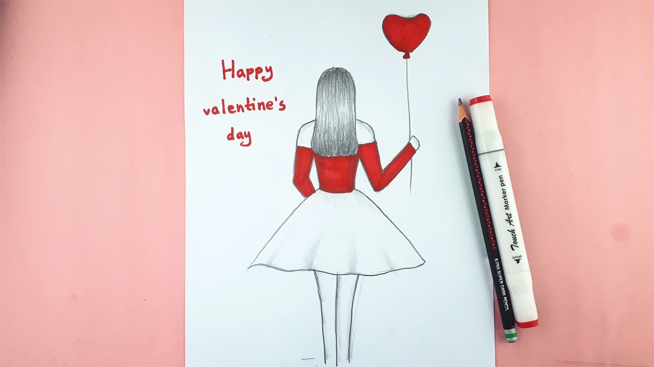 Easy pencil drawing of girl celebrating valentine day with love balloon | Girl sketch | Easy drawing