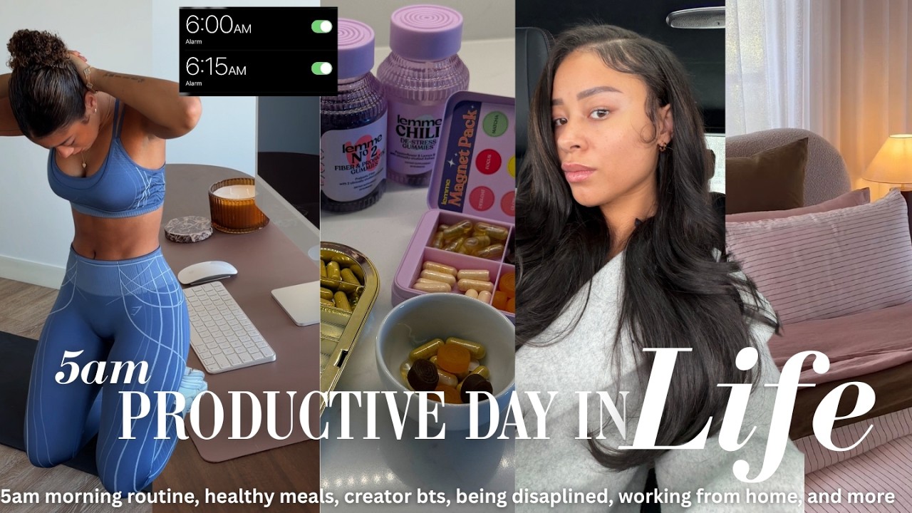 5AM DAY IN THE LIFE l productive, full body workout, healthy meals, self employed wfh, & more