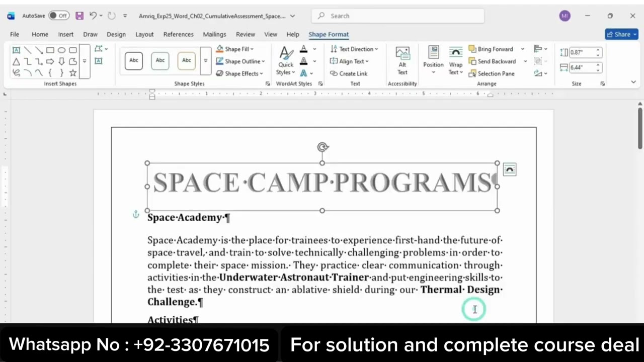 Exp25 Word Chapter 2 Cumulative – Space | Pearson MyLab Word Grader (100%)