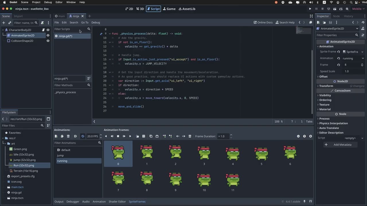 CharacterNode2D scripting, Animation & Input Maps - in Godot
