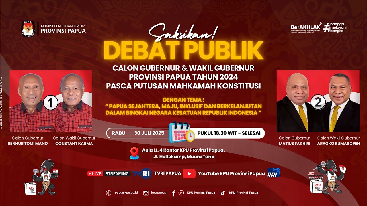 🔴LIVE - DEBAT PUBLIK ANTAR PASANGAN CAGUB DAN CAWAGUB PAPUA TAHUN 2024 PASCA PUTUSAN MK
