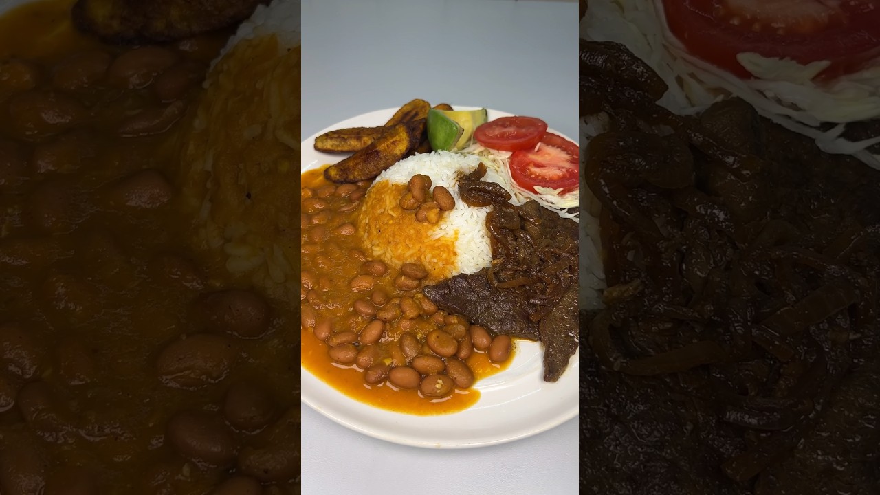 Dominican rice and beans with bistec, salad, and plantain❤️ #dominicanfood