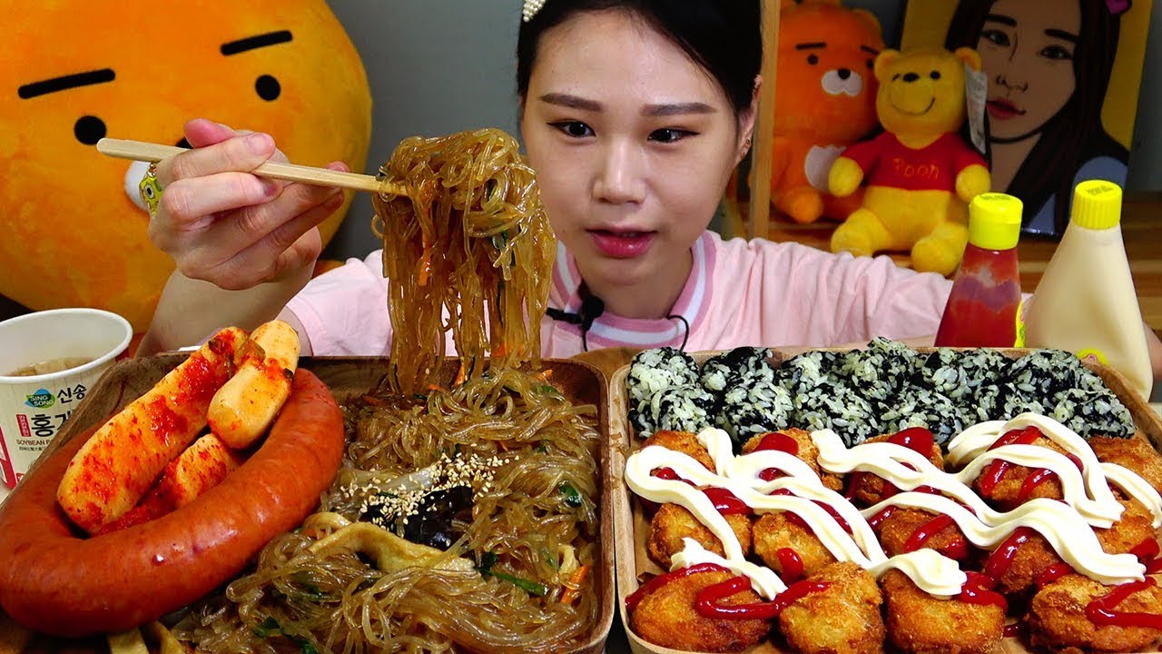 잡채 킬바사소세지 미니돈까스 총각김치 주먹김밥 먹방 Mukbang