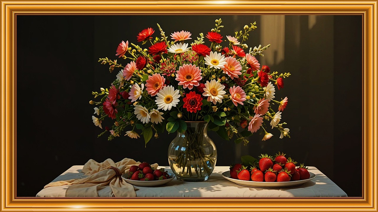 Strawberries & Flowers Still Life | Summer Chiaroscuro Painting Style | Classical Chiaroscuro Art 4K