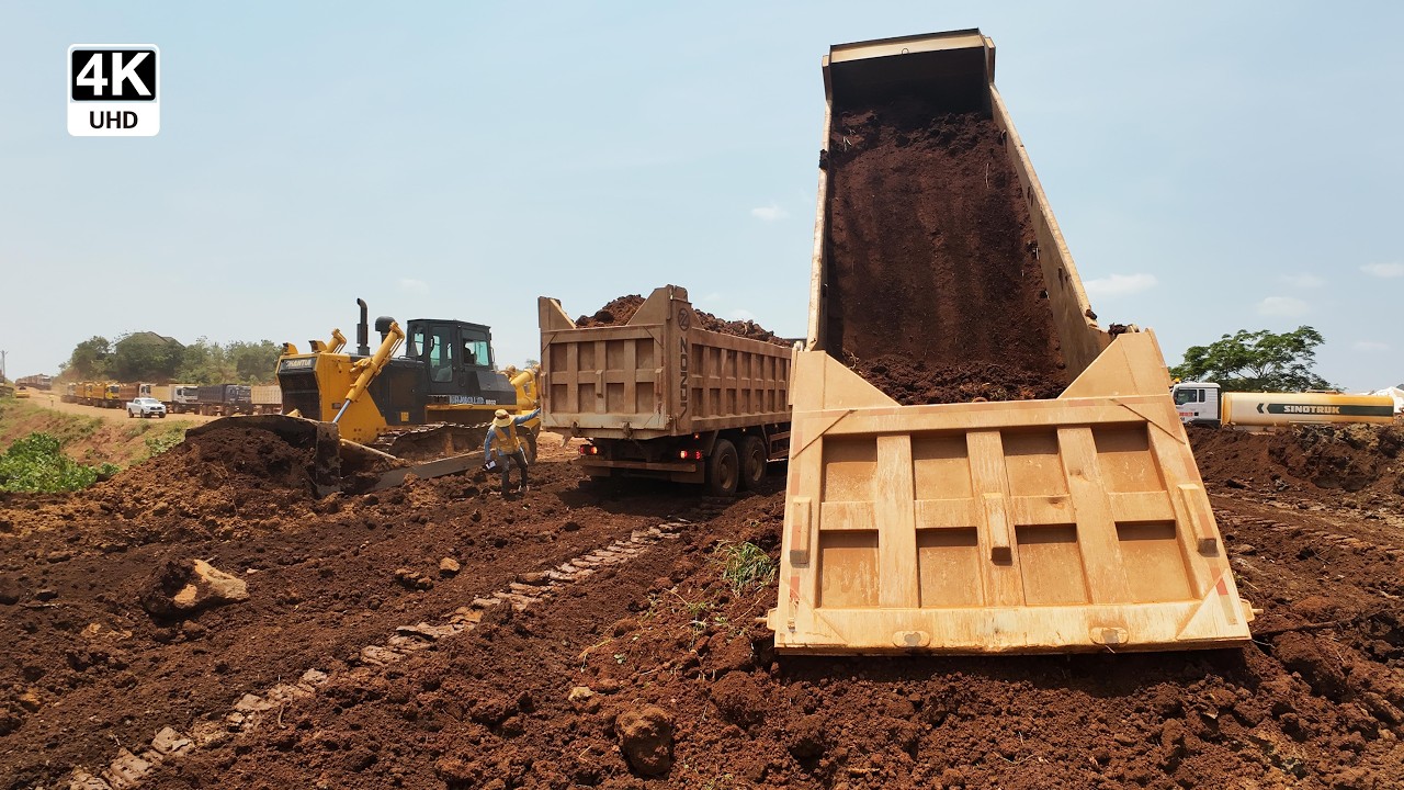 Dozer Leveling While Dump Trucks Pour Gravel & Sand – Road Construction in Action 4K