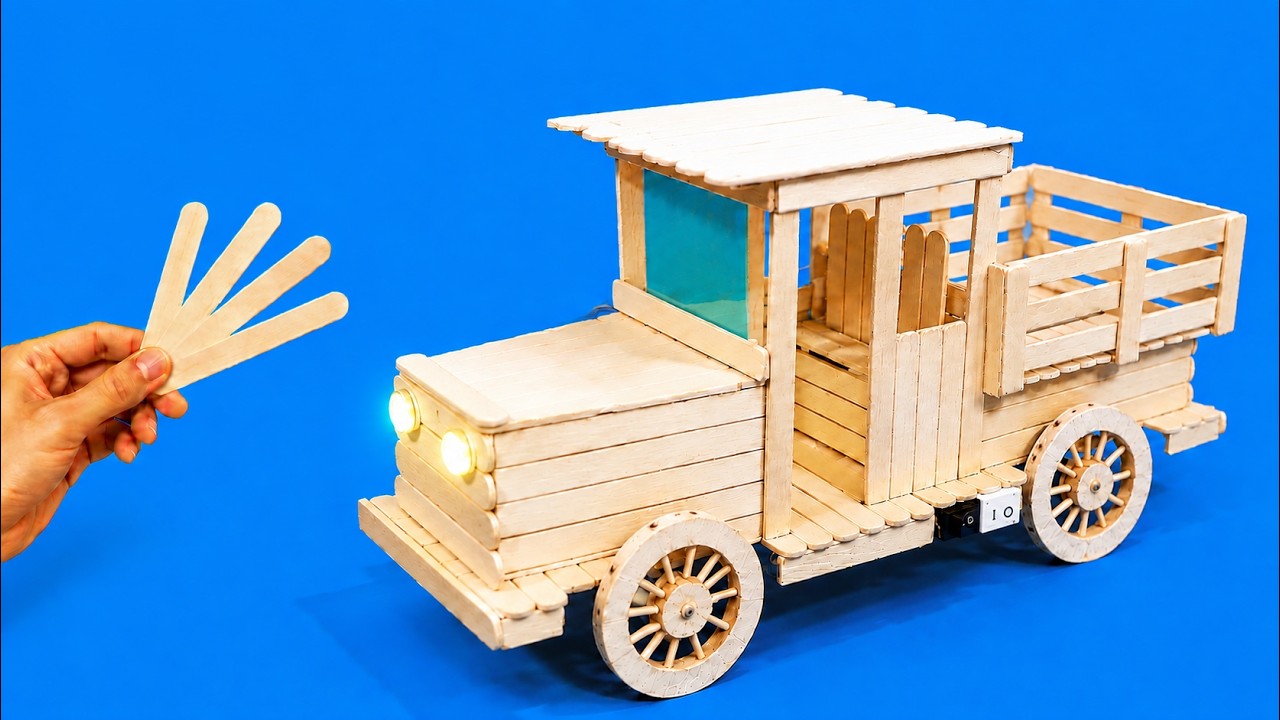 DIY Wooden Toy Car with Popsicle sticks, DC Motor & LED Lights | Amazing  Project!
