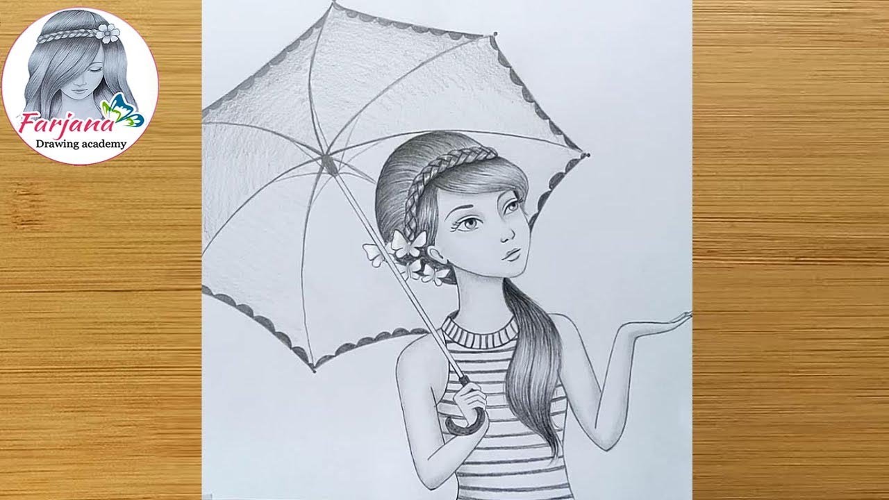 How to draw a girl with umbrella -  step by step / Pencil Sketch