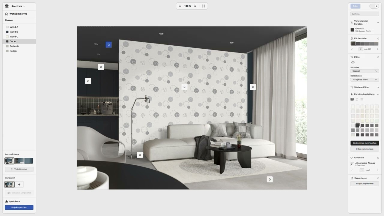 Guida all’uso di SPECTRUM: come applicare colori e collezioni alle pareti.