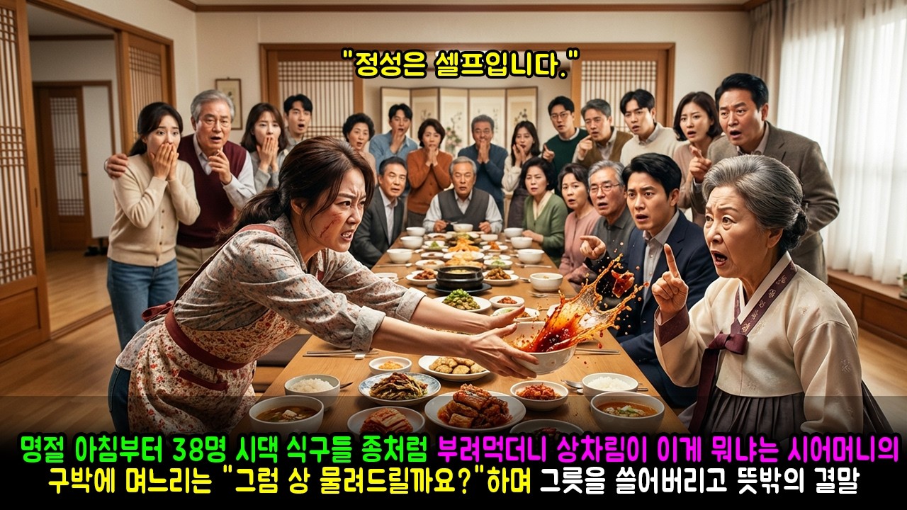 명절 아침부터 38명 시댁 식구들 종처럼 부려먹더니 상차림이 이게 뭐냐는 시어머니의 구박에 며느리는 