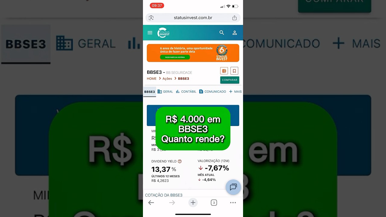 Quanto rende R$ 4.000 em dividendos nas a&ccedil;&otilde;es da BB SEGURIDADE (BBSE3) #a&ccedil;&otilde;es