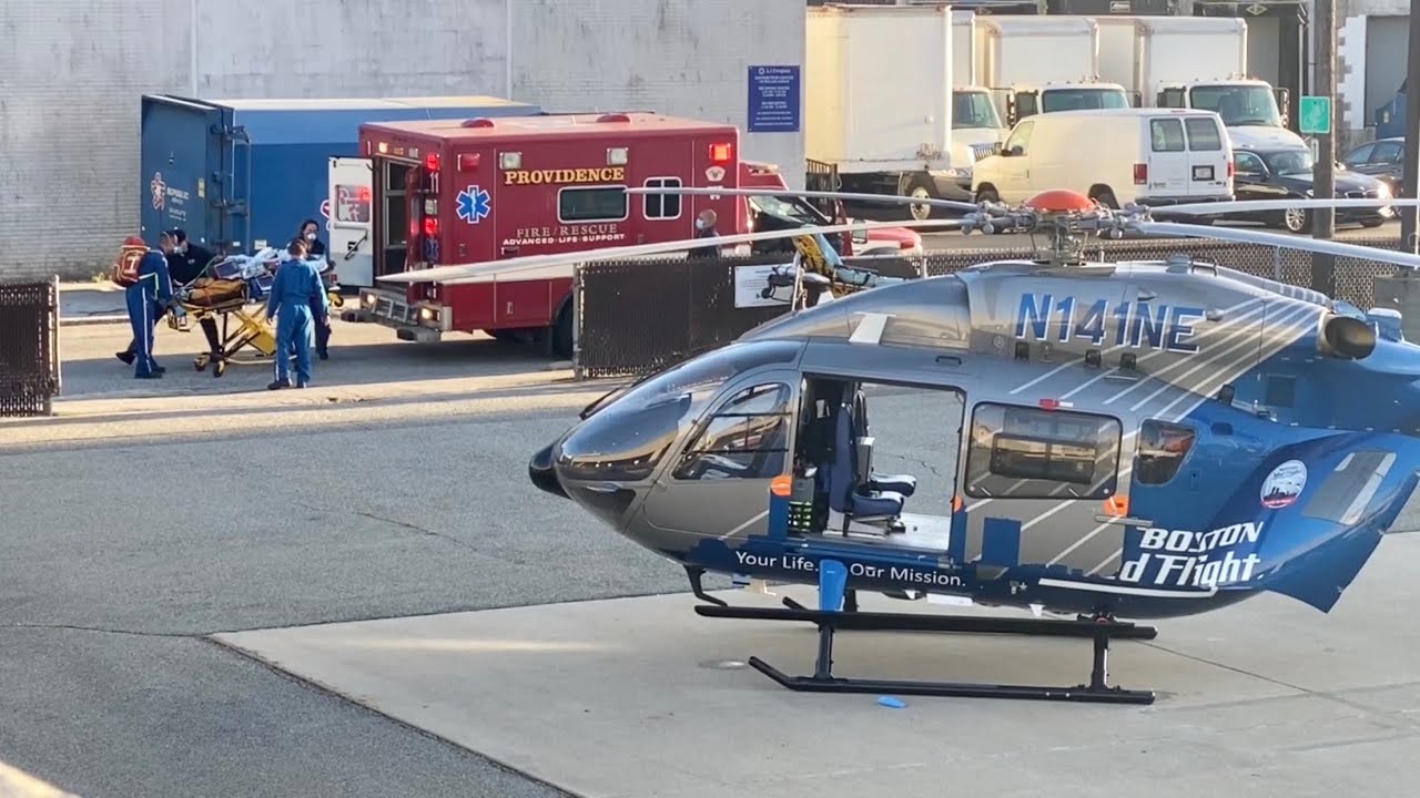 Boston Med Flight Med Evac arriving at Rhode Island Hospital Engine 13 and Rescue 11 assisting