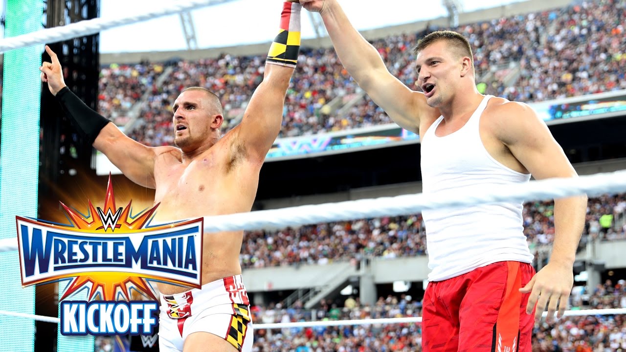 Rob Gronkowski helps Mojo Rawley win the Andre Battle Royal: WrestleMania 33 Kickoff, April 2, 2017