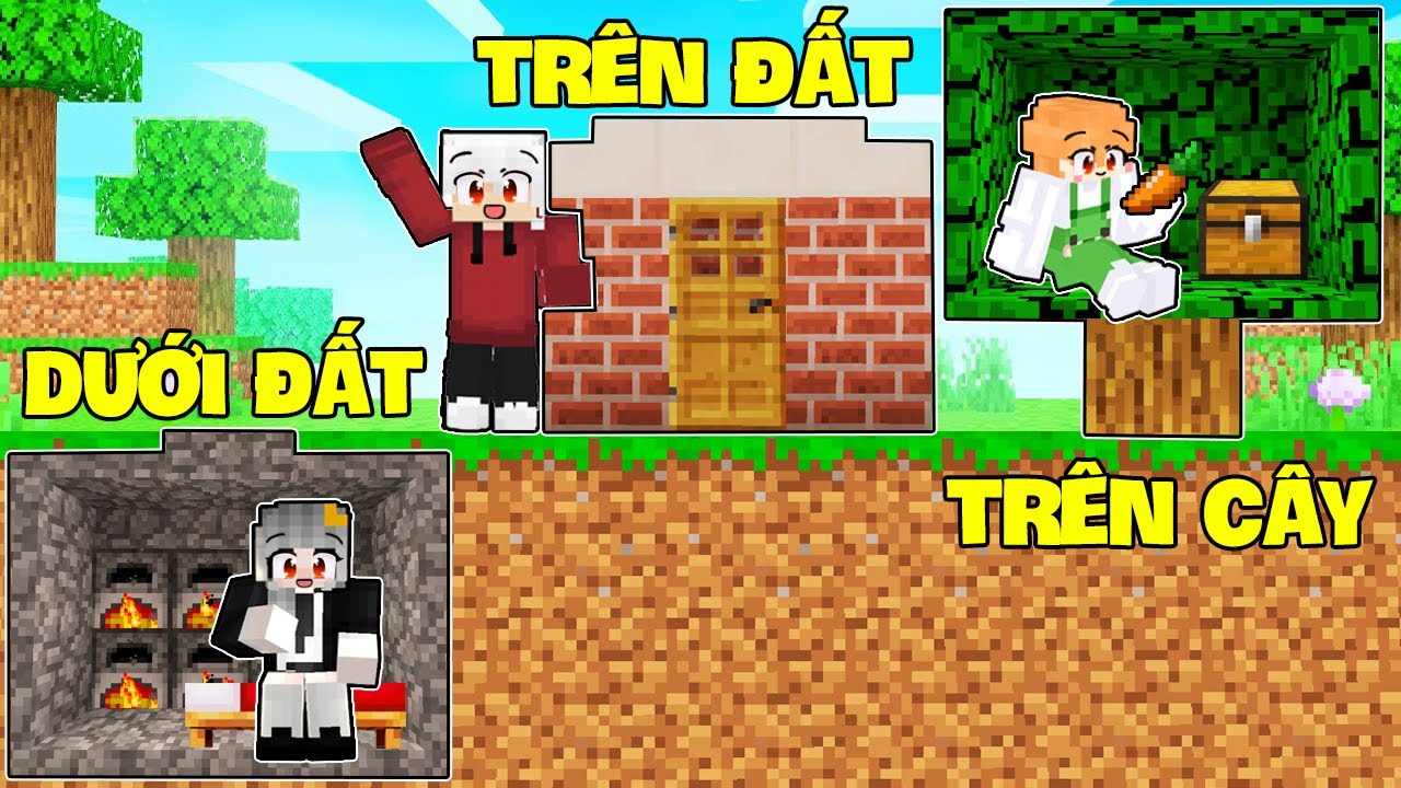 SAMMY THỬ THÁCH 24H XÂY NHÀ DƯỚI ĐẤT TRÊN ĐẤT VÀ TRÊN CÂY TRONG LÀNG HERO TEAM MINECRAFT