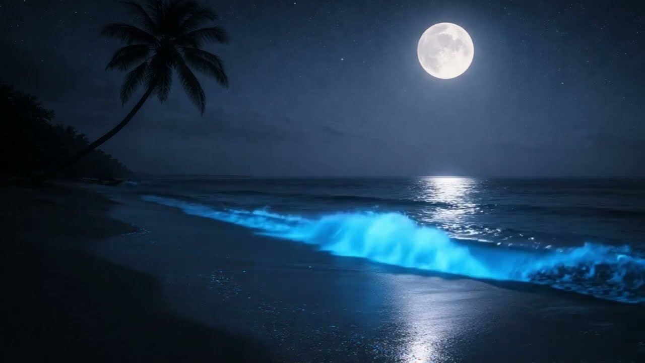 8 HOURS Bioluminescent Beach at Night 🌊 Blue Glowing Waves & Moonlight Ambience