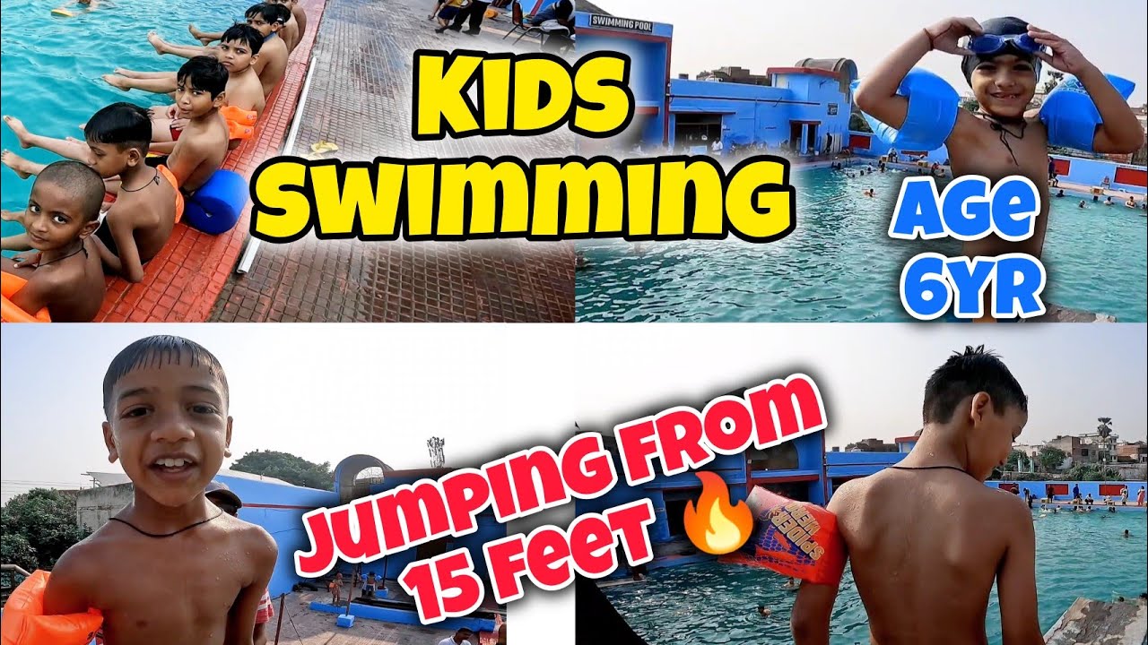 6yr Old Kids Jumping in Deep Water, Public Swimming Class, Swimming Practice