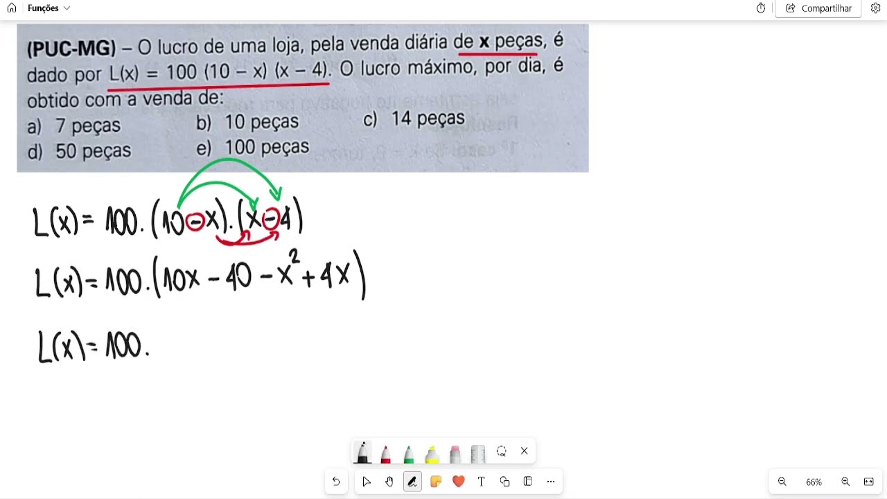 (PUC - MG) - O lucro de uma loja, pela venda diária de x peças, é dado por L(x) = 100.(10 - x)...