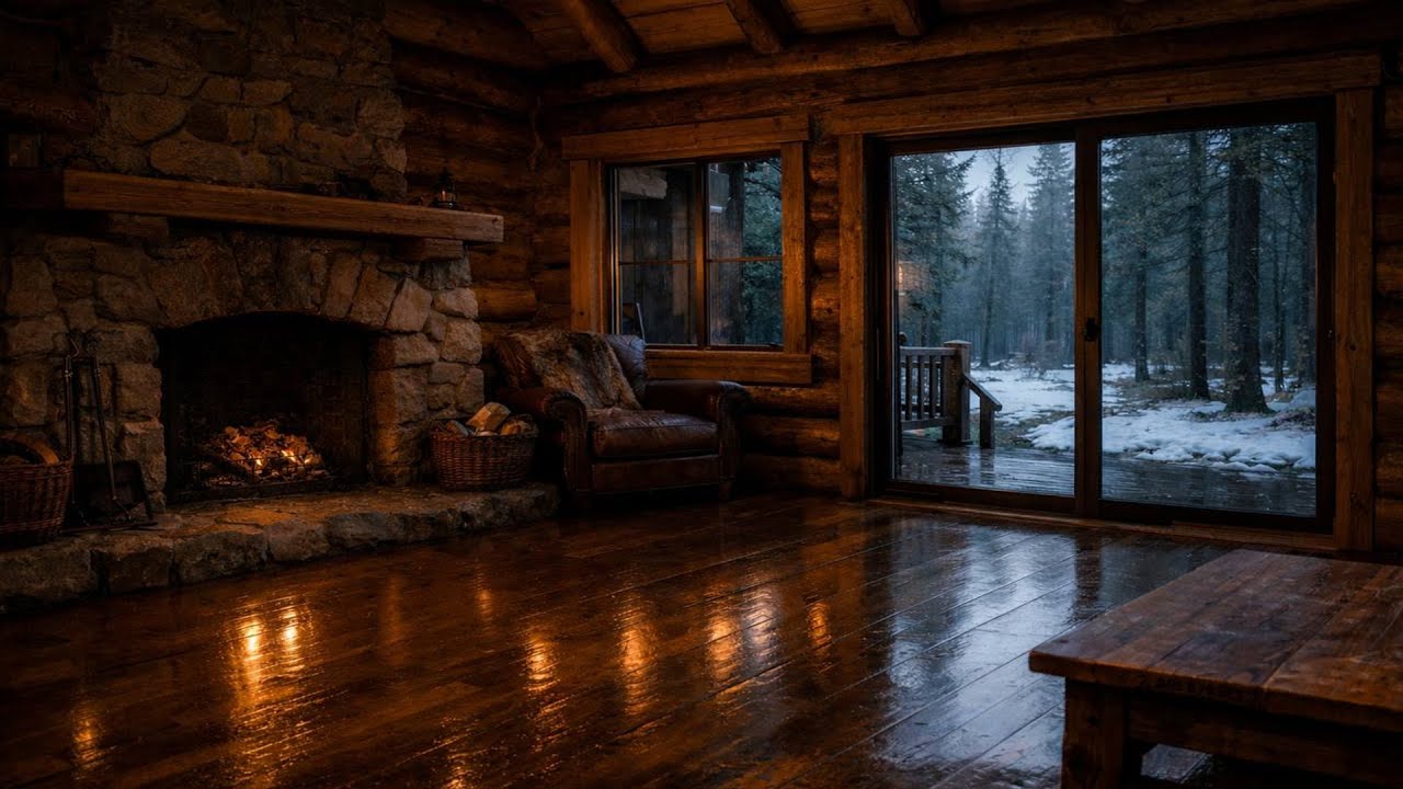 Cozy Cabin Ambience | Fireplace Glow, Quiet Forest & Melting Snow | Relaxing Spring Atmosphere 🌲🔥
