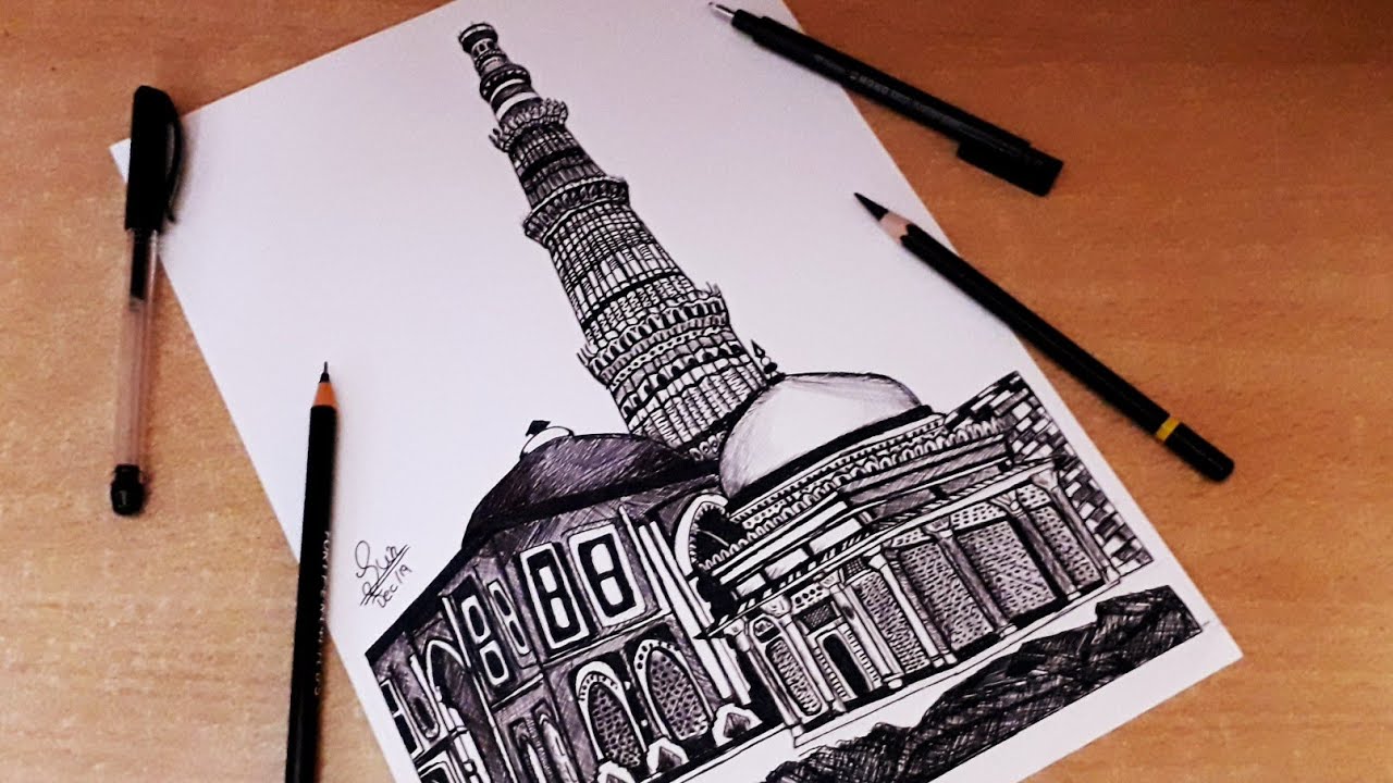 Drawing Qutub Minar with black pen