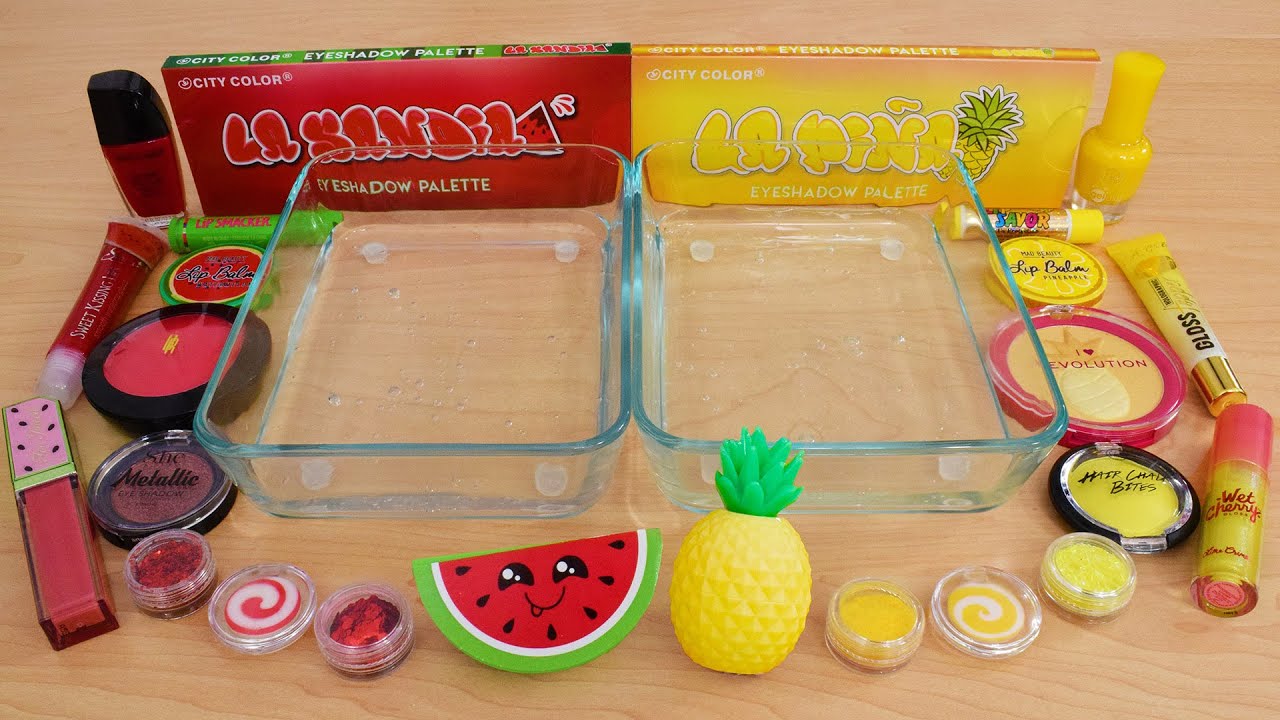 Watermelon vs Pineapple - Mixing Makeup Eyeshadow Into Slime ASMR
