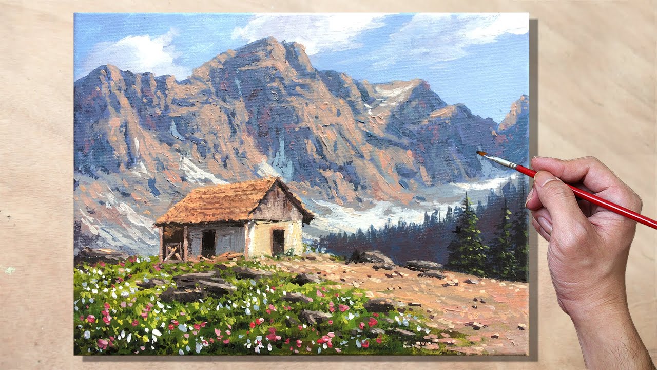 Acrylic Painting Old House in the Mountain Landscape