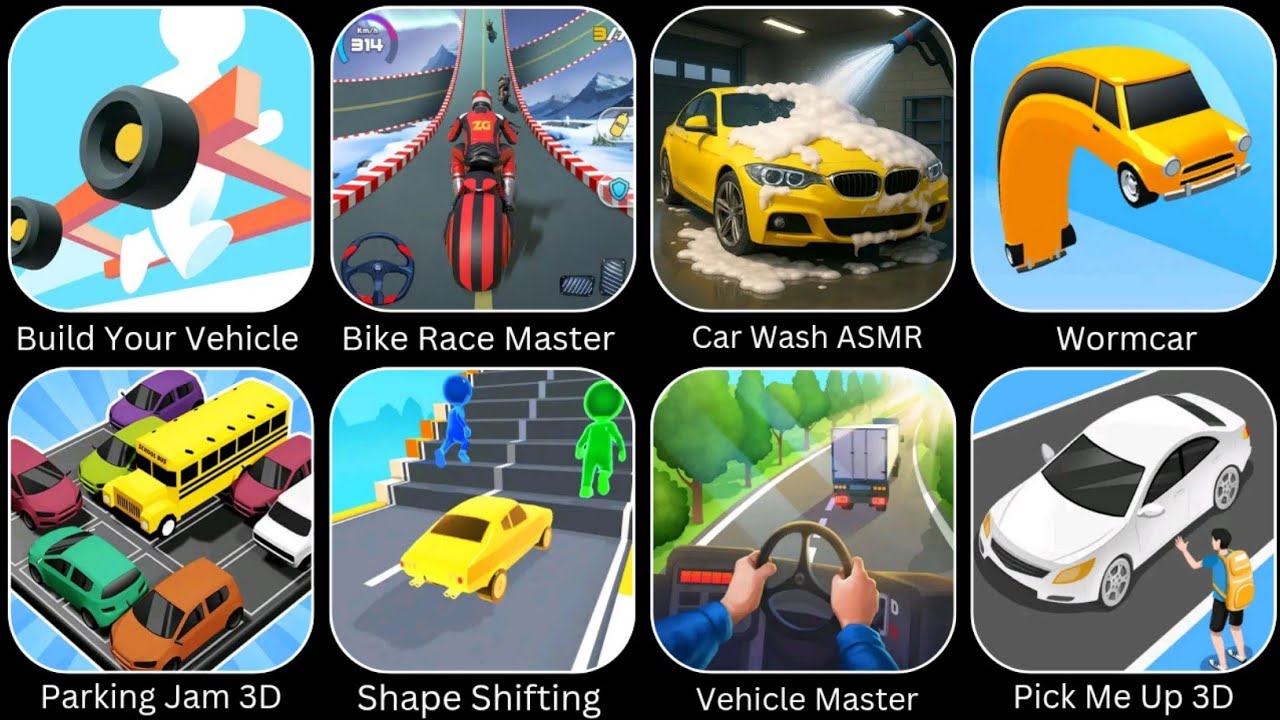 Bike Race Master, Wormcar, Build Your Vehicle, Vehicle Masters, Shape Shifting, Car Wash ASMR.... 