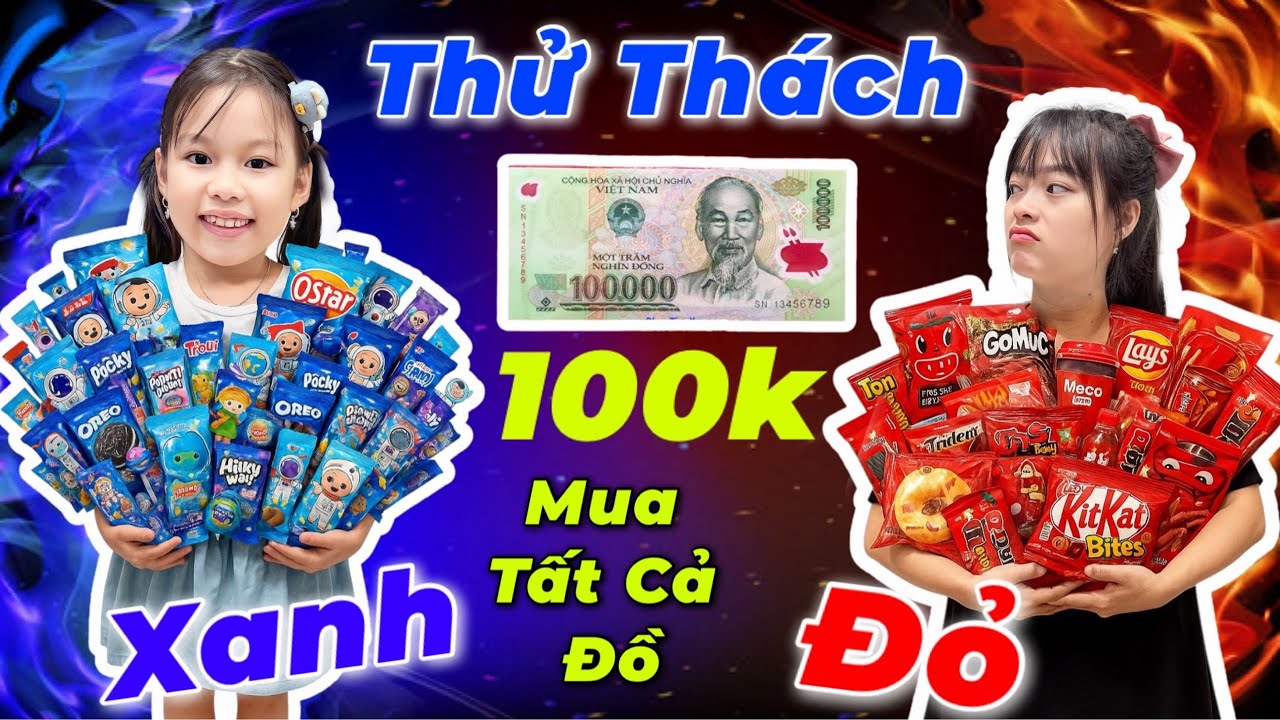 Thử Thách 100k Vào Siêu Thị Mua Đồ Màu Đỏ Và Xanh Nước Biển Ai Sẽ Mua Được Nhiều Hơn