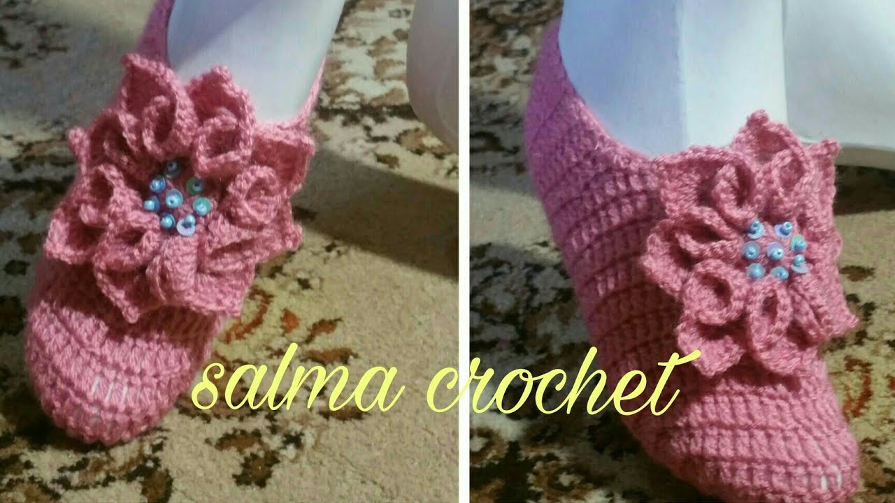 Crochet Slipper women step by step كروشيه بالوري حذاء سليبر كلكول نسائي مع زهرة اكثر من رائعة