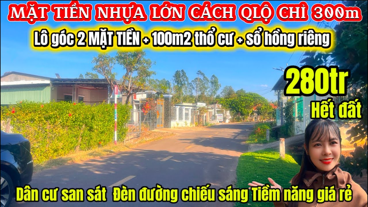 💥Đất sáng đẹp 280tr hết đất Mặt tiền Nhựa lớn cách QL 300m đèn đường chiếu sáng thích hợp kinh doanh