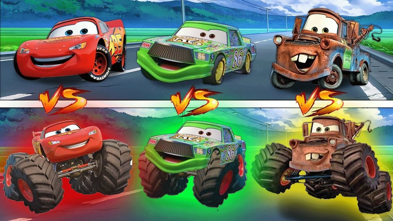 MONSTER LIGHTNING MCQUEEN, TOW MATER, CHICK HICKS vs NORMAL PIXAR CARS in BeamNG.drive!