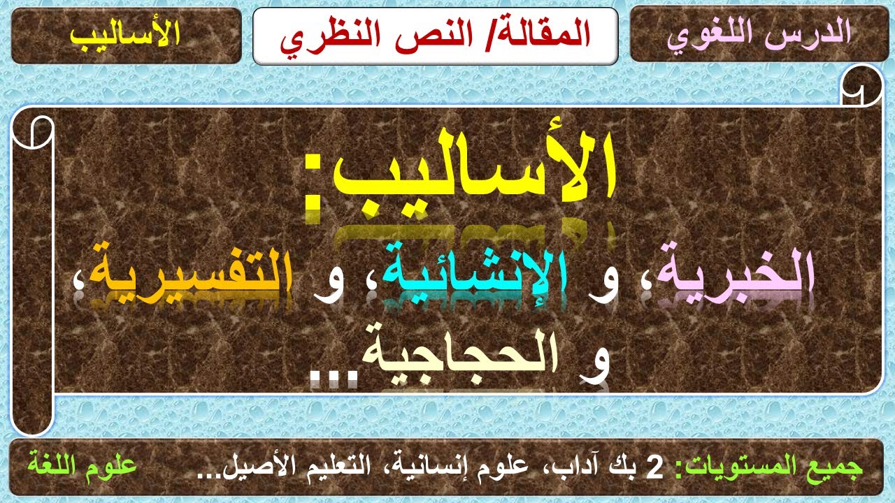 الأساليب الخبرية و الإنشائية و التفسيرية و الحجاجية...