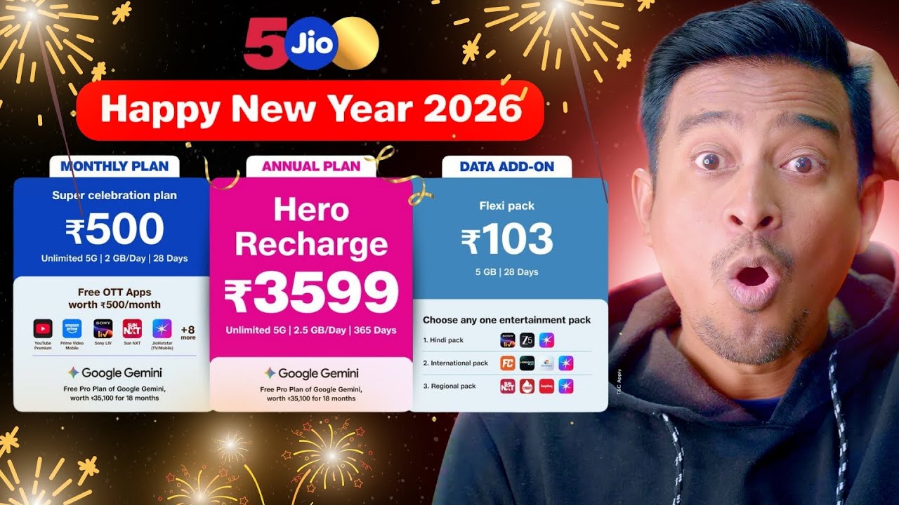 Jio Happy New Year 2026 Plans 🎁 ₹103&ndash;₹3599 | 13 OTT + FREE Gemini Pro AI Worth ₹35,100 😱