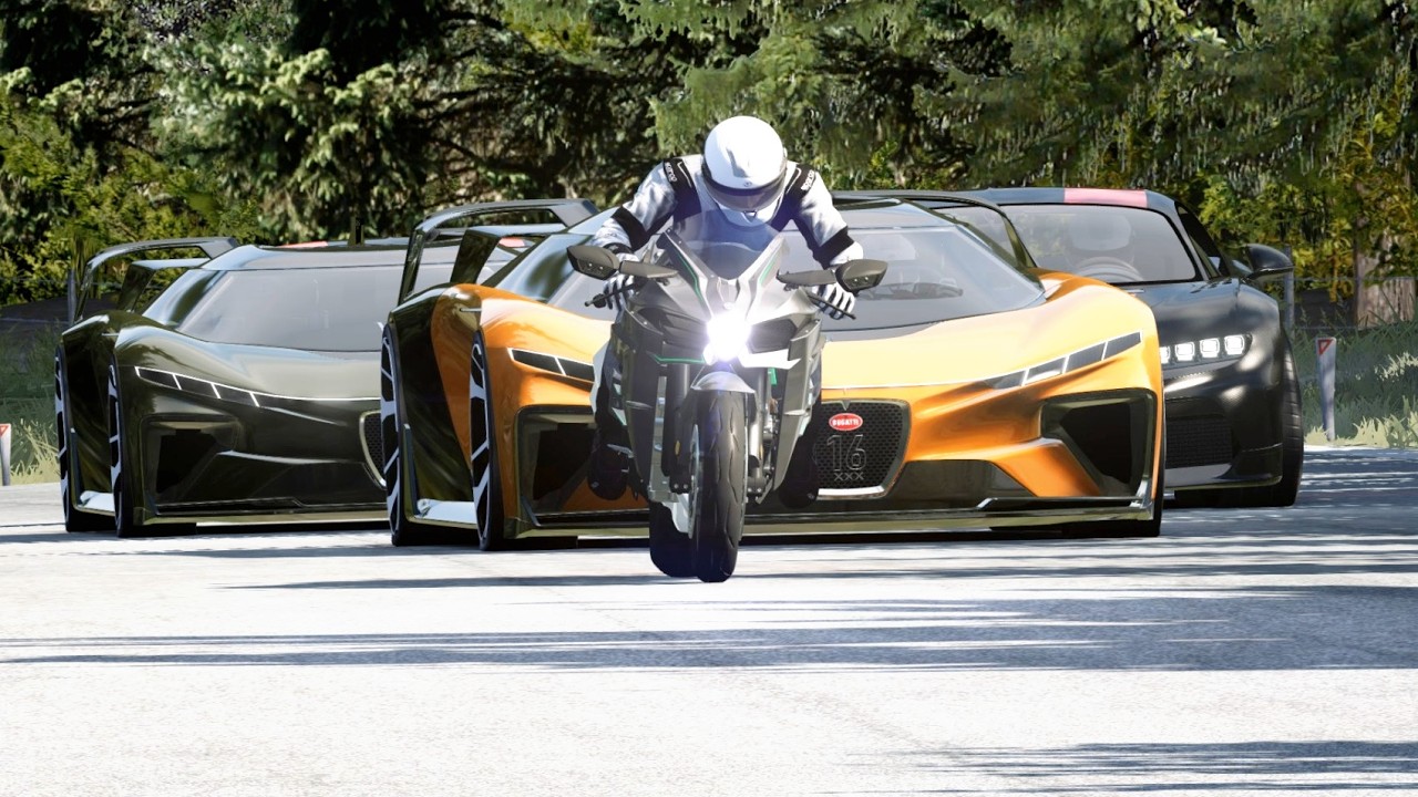 Kawasaki Ninja H2 vs Bugatti Arrow Concept vs Bugatti Chiron Super Sport 300+ at Old SPA