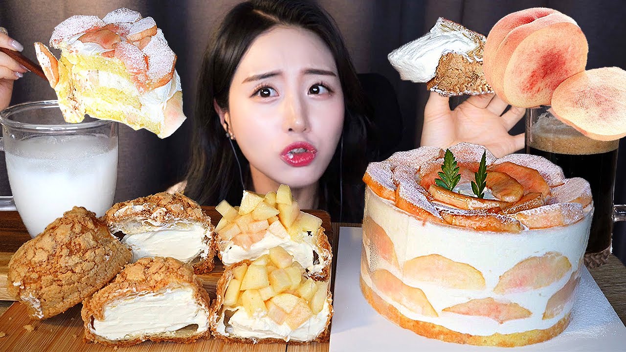 🍑 Цельный торт со взбитыми сливками и персиком Десерт Мукбанг ASMR MukbangㅣКрем Печенье Хлеб