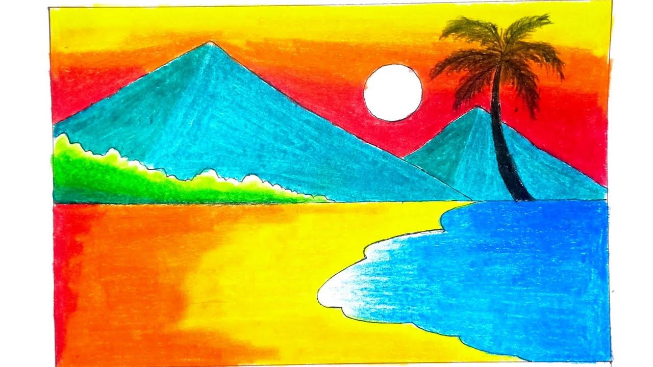 Beautiful Sunset Mountain Landscape Drawing | Easy Nature Scenery Drawing | Oil Pastels Drawing easy