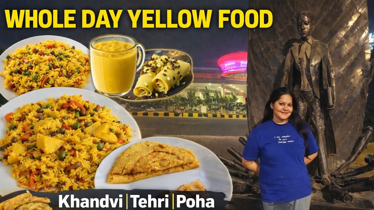 Yellow food challenge for whole day #went India gate #bharat mandapam# tasty tehri recipe# 🛍️💸