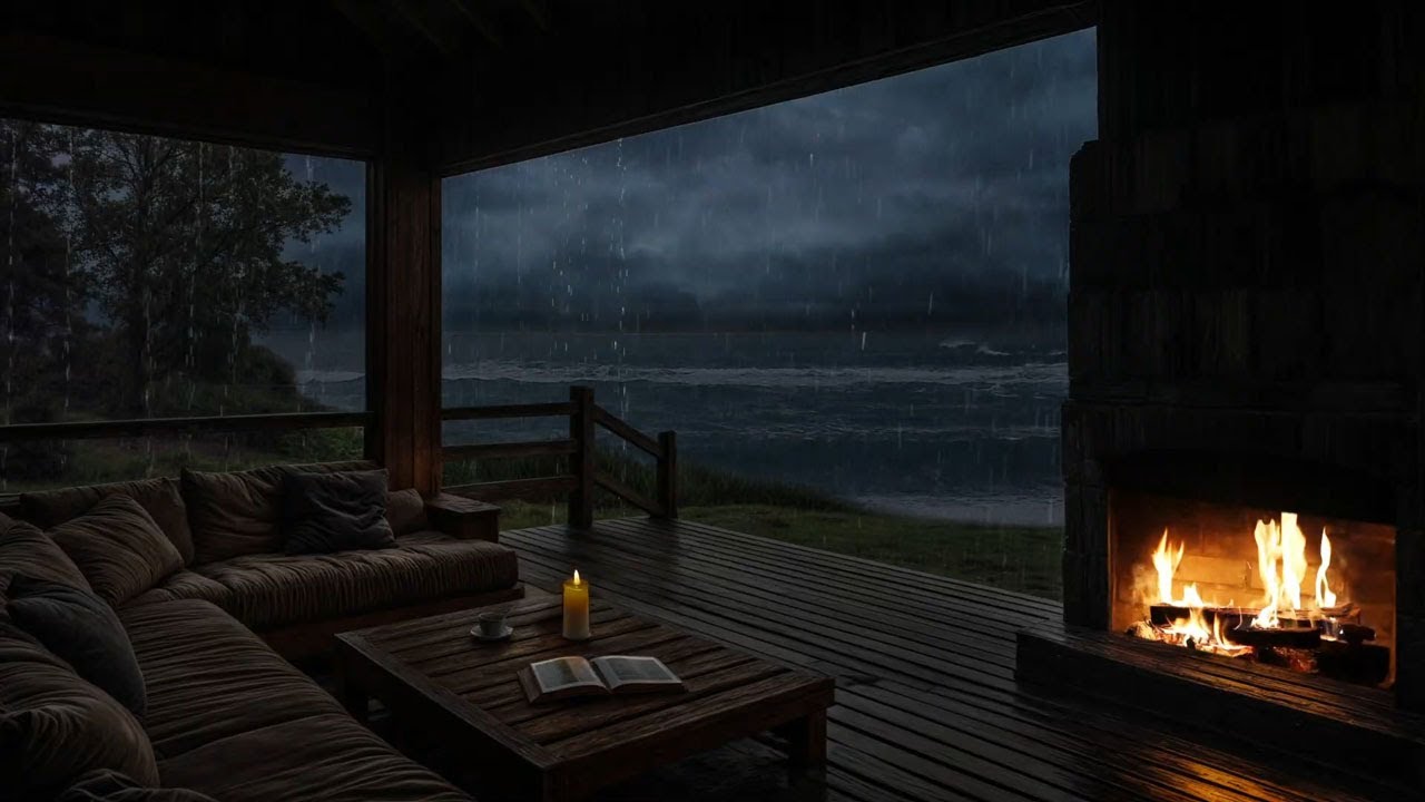 Cozy Seaside Porch with Crashing Waves & Crackling Fireplace Sounds 🔥 Dark Autumn Ambience