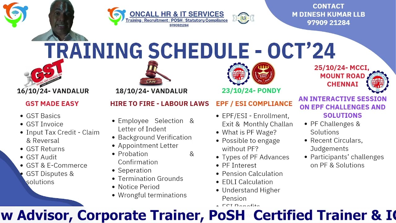 October 2024 Trainings  #seshadri #oncallhr #training,#pf, #esi, #labourlaws, #gst, #hiretofire,