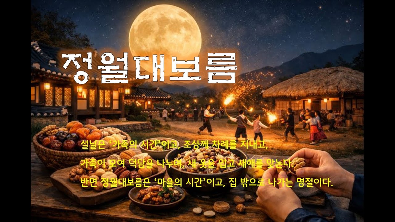 설날은 ‘가족의 시간’이고, 조상께 차례를 지내고, 가족이 모여 덕담을 나누며, 새 옷을 입고 새해를 맞는다. 반면 정월대보름은 ‘마을의 시간’이고, 집 밖으로 나가는 명절이다.