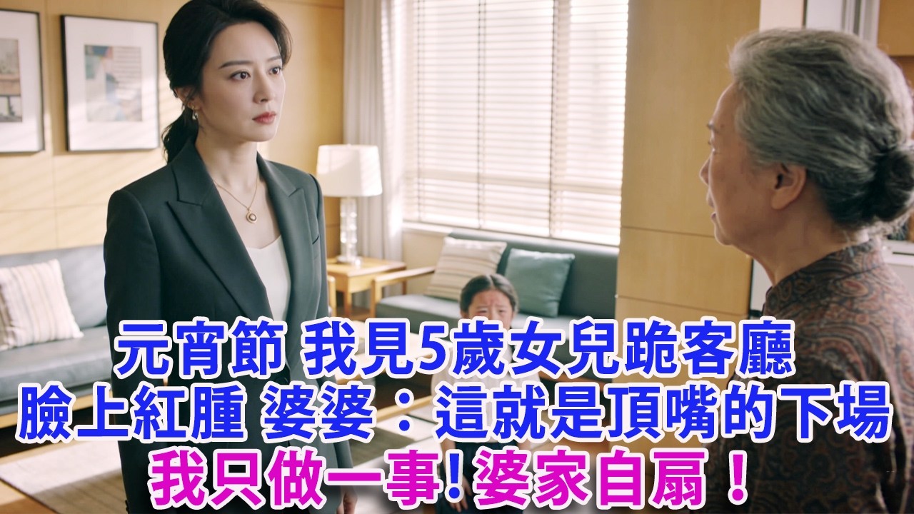 【元宵節快樂】【满分爽文】元宵節 我提前回家 看見5歲女兒跪在客廳 臉上紅腫的兩個巴掌印 婆婆：這就是頂嘴的下場！我只做1事 婆家自扇#婆媳 #家庭 #情感故事 #晚年生活 #為人處世 #生活經驗