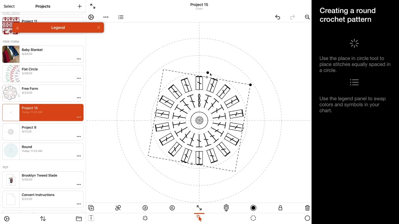Using the place circle tool to create a round crochet chart