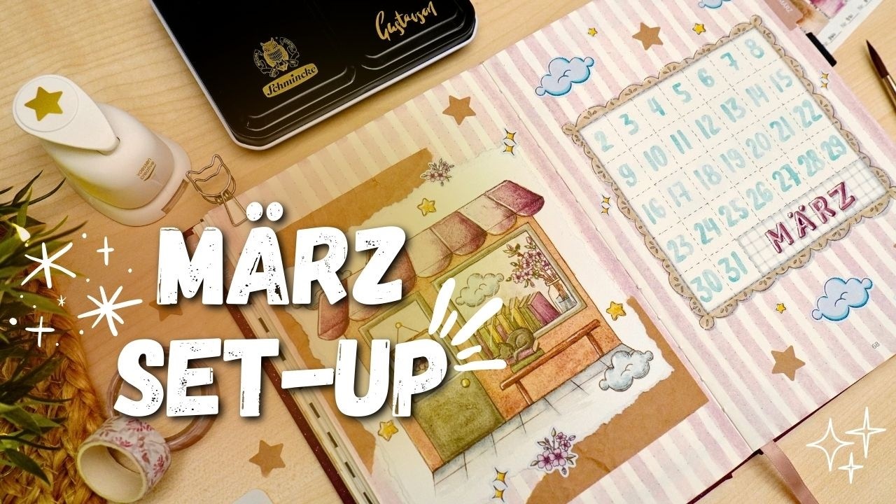 🇩🇪 MÄRZ Journal Set-up 📚🌸 Sakura Book Store Reading Theme mit supergranulierenden Aquarellfarben