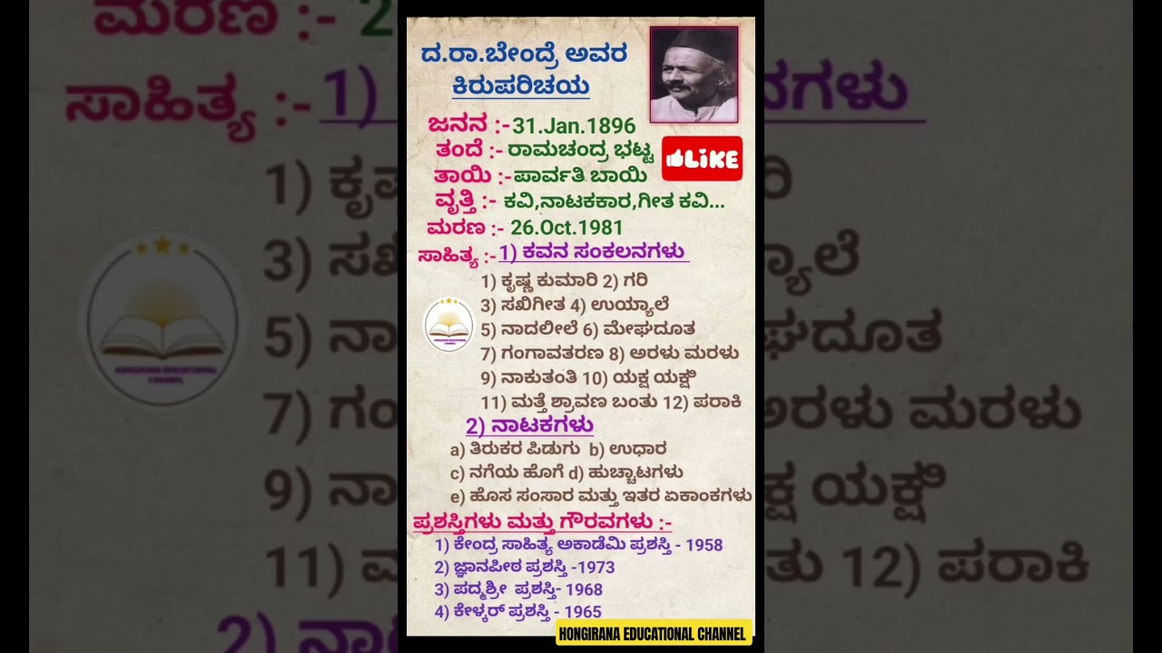 ದ.ರಾ.ಬೇಂದ್ರೆ ಕಿರುಪರಿಚಯ || Bendre short introduction #kannada #biography #information #bendre #facts
