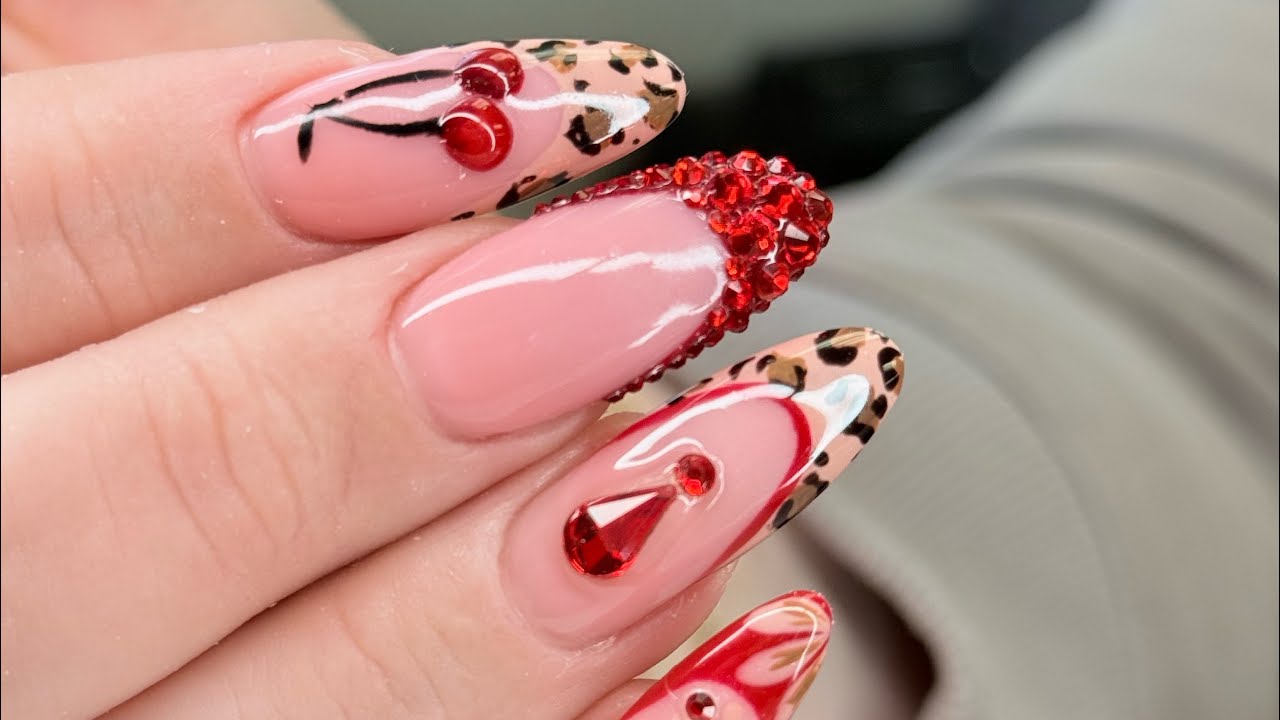 Cherry nails, rhinestone,cowprint