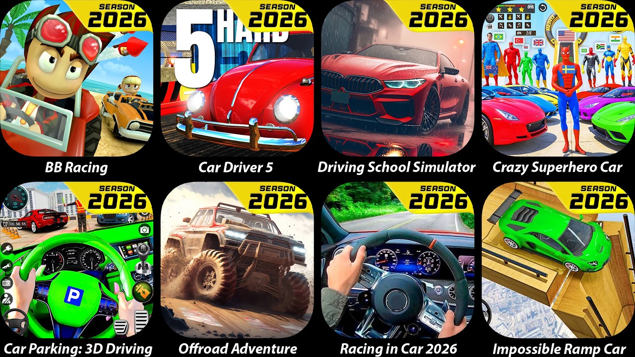 Car Parking: 3D Driving Games,BB Racing,Car Driver 5,Crazy Superhero Car Stunt,Offroad Adventure