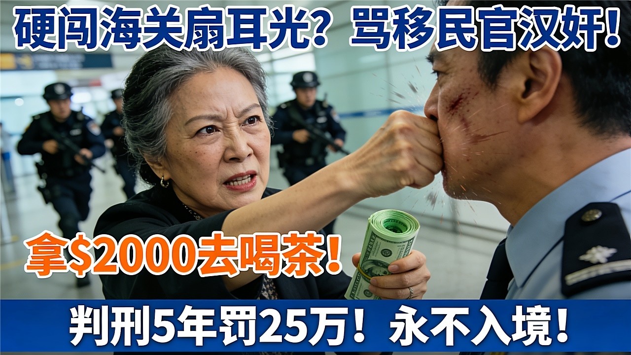 华人大妈携百斤违禁品硬闯海关！被拦后狂扇移民官耳光骂