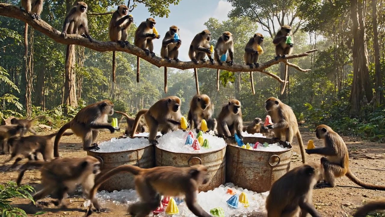 बंदरों ने मिलकर बनाई रंग-बिरंगी कुल्फी 🍦🐒 | Monkeys Making Colorful Fruit Popsicles in Village
