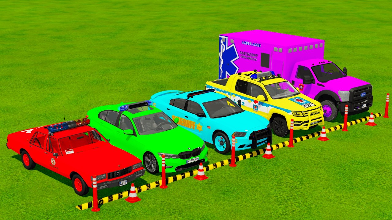 TRANSPORTING POLICE CARS CHEVROLET BMW DODGE VOLKSWAGEN AMBULANCE ENGINE WITH SCANIA TRUCK IN GARAGE