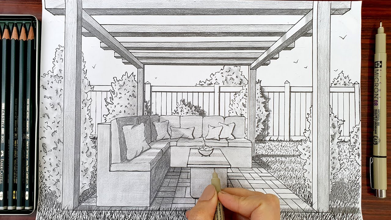 Drawing A Backyard in One Point Perspective | Timelapse