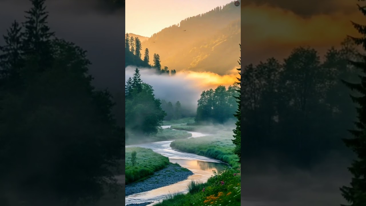 Magical Morning in the Misty Mountains | Peaceful Nature Scene with Flowing River #sunrisemountain