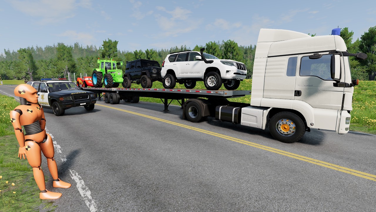 Truck Carrying 4 Cars & Lightning McQueen vs Train 🚛💥 | BeamNG.drive Beamng.Drive #0001